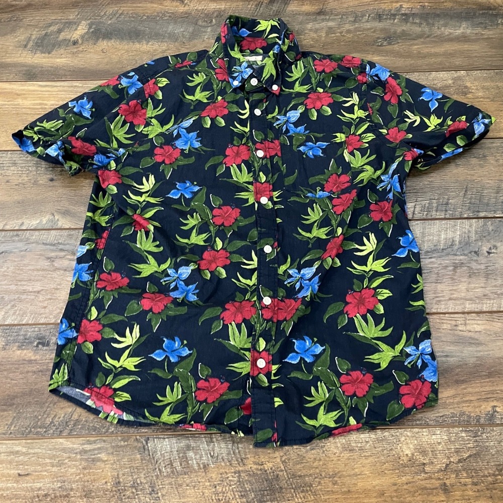 Hollister Mens Large Floral Button Down Shirt Navy Blue Tropical Short Sleeve